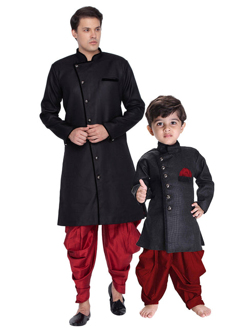 Vastramay Cotton Blend Black Baap Beta Sherwani Set